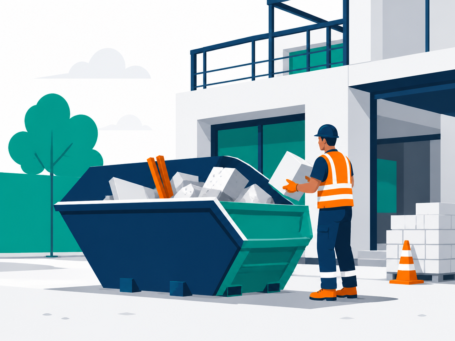 Commercial skip hire at a modern building site